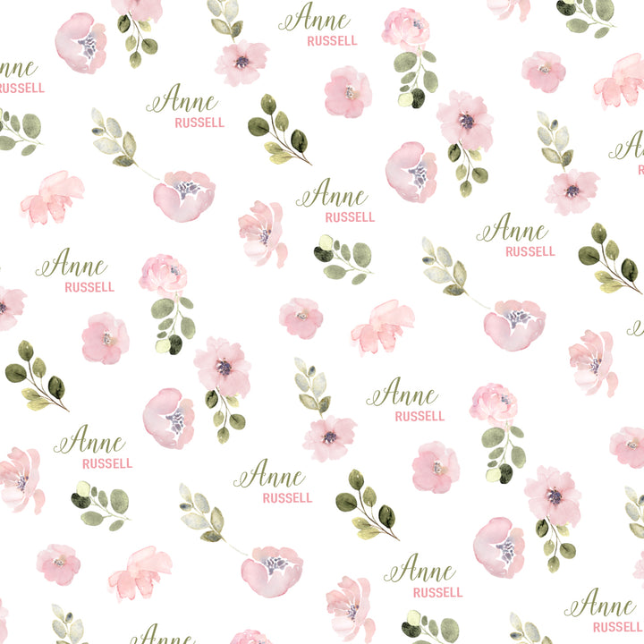 Abigail Floral Personalized Baby Blankets Soft Pink Floral With Sage Leaves