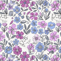 The image is a repeating pattern of various flowers and leaves in shades of purple, blue, and pink.