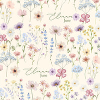 The image is a collage of various watercolor flowers and plants, each with different colors and shapes, arranged in a repeating pattern. The text "Elana June" is written in cursive above the flowers, indicating the names of the flowers or plants.