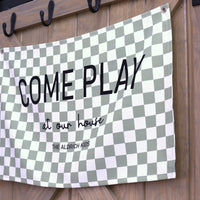Playroom Tapestry Banner - Sage Green Checked Kids Room Decor with Metal Rivet Hanging