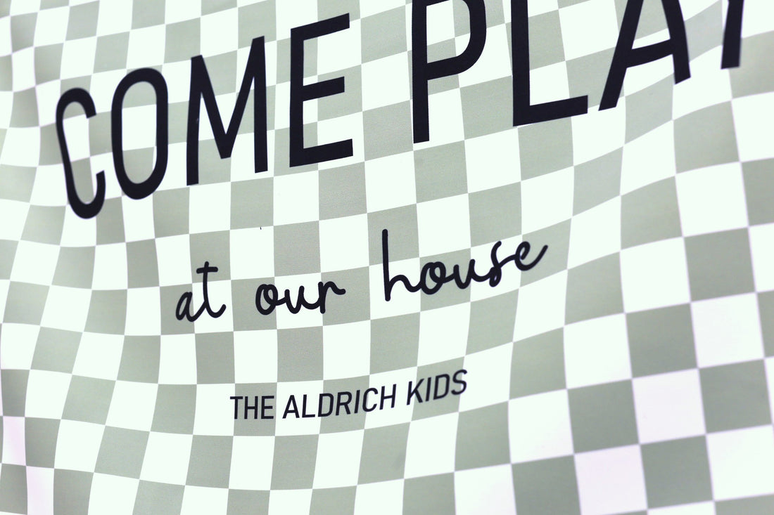 Playroom Tapestry Banner - Sage Green Checked Kids Room Decor with Metal Rivet Hanging