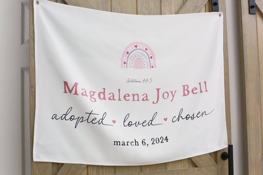Personalized Adoption Banner – Custom Name Kids Wall Art With Rainbow Design