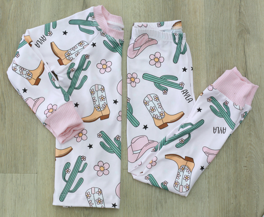 Cowgirl Print Personalized Pajamas for Girls, Soft Knit, Fun Western Theme PJ's