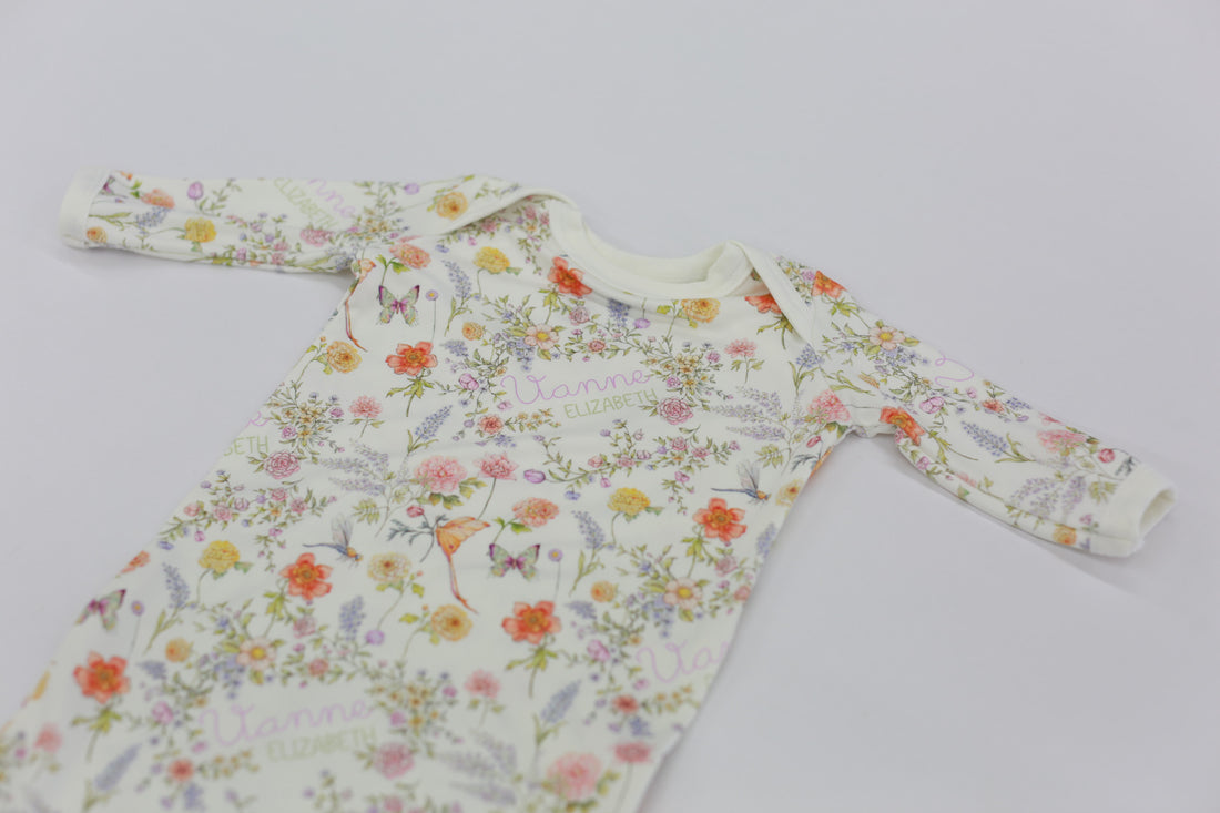 Personalized Baby Gown – Floral Spring Baby Gown with Tie Bottom, Soft Jersey