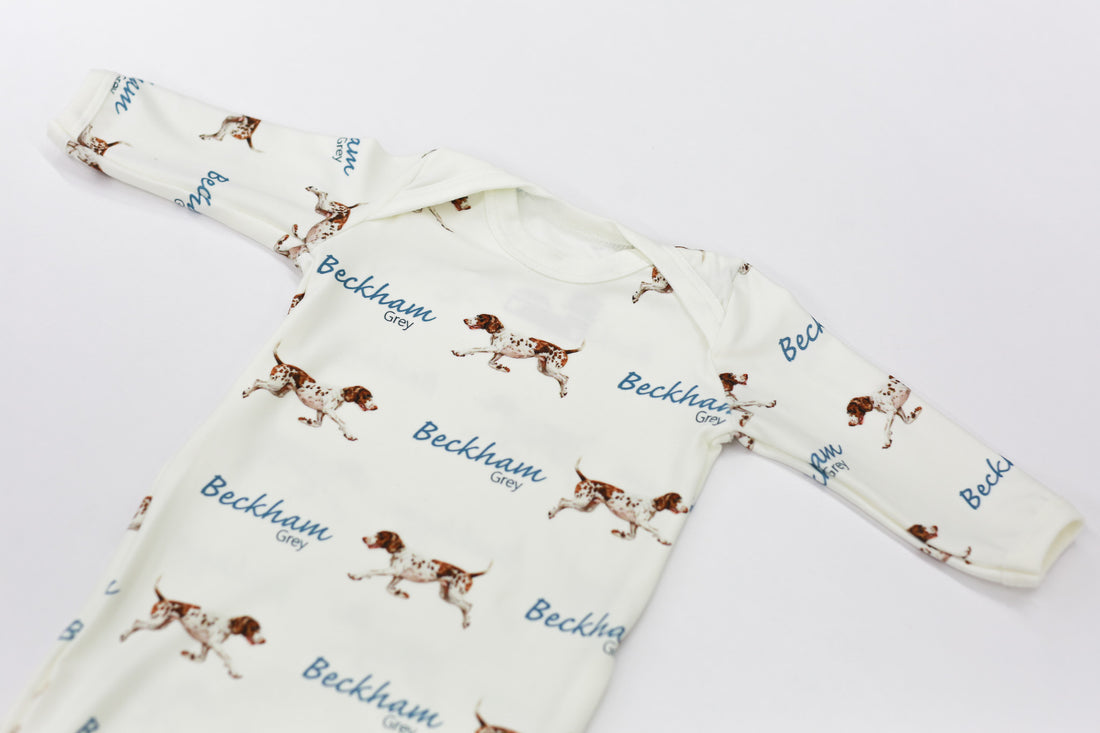 Personalized Baby Gift | Hunting Dog Baby Set with Custom Gown, Hat & Swaddle