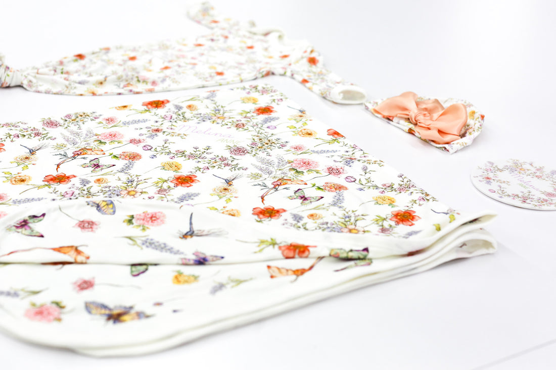 Baby Gift Set – Personalized Knotted Baby Gown & Floral Swaddle with Headband