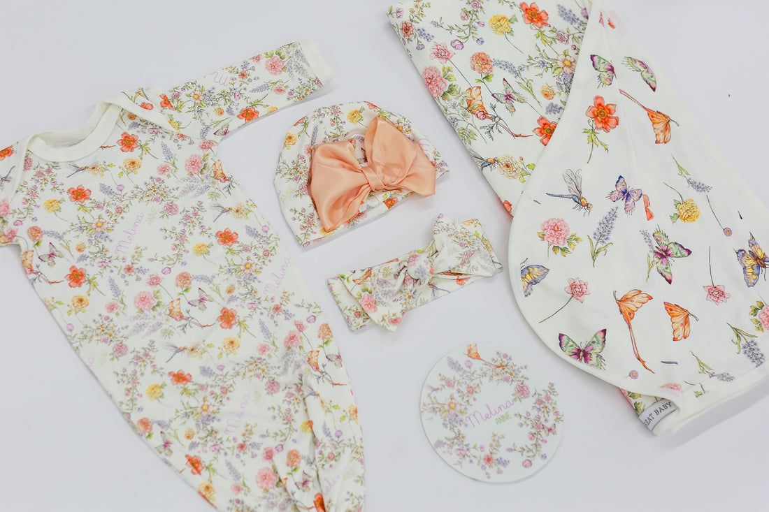 Baby Gift Set – Personalized Knotted Baby Gown & Floral Swaddle with Headband