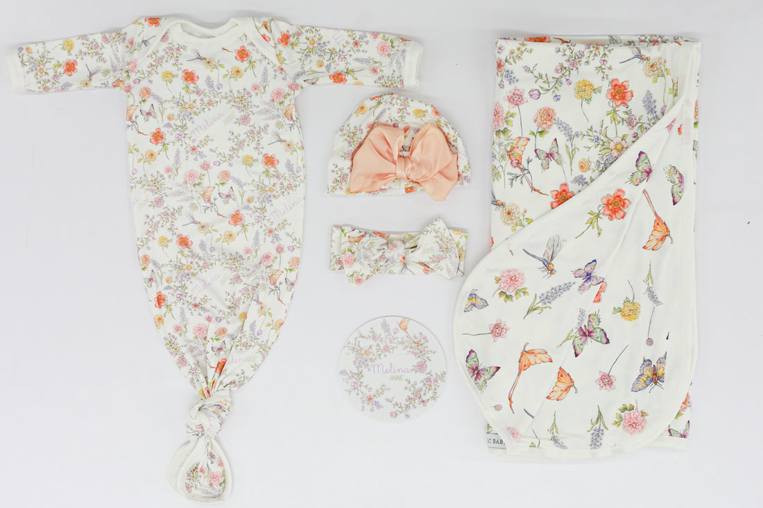 Baby Gift Set – Personalized Knotted Baby Gown & Floral Swaddle with Headband