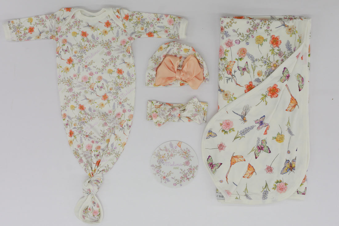 Baby Gift Set – Personalized Knotted Baby Gown & Floral Swaddle with Headband