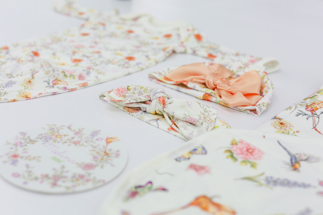 Baby Gift Set – Personalized Knotted Baby Gown & Floral Swaddle with Headband
