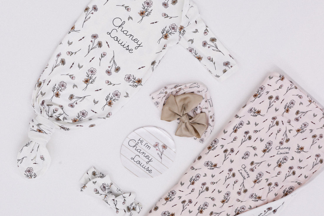 Baby Gift Set – Personalized Floral Newborn Gown, Swaddle & Birth Announcement Disk