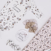 Baby Gift Set – Personalized Floral Newborn Gown, Swaddle & Birth Announcement Disk