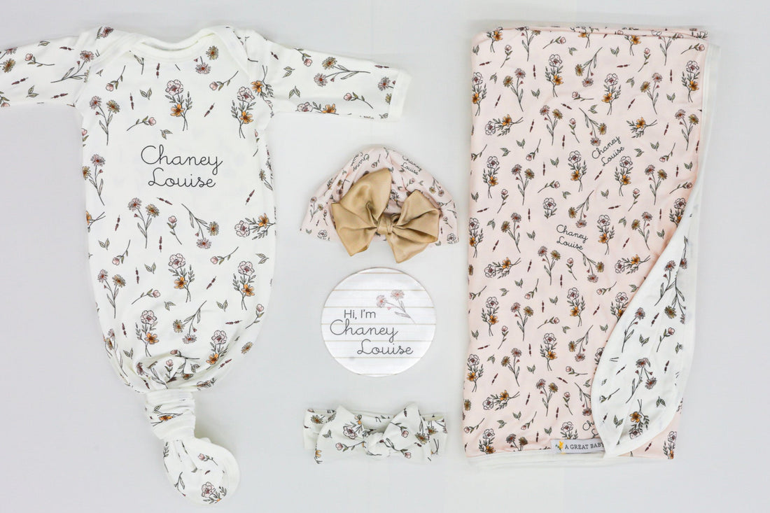 Baby Gift Set – Personalized Floral Newborn Gown, Swaddle & Birth Announcement Disk