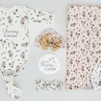 Baby Gift Set – Personalized Floral Newborn Gown, Swaddle & Birth Announcement Disk