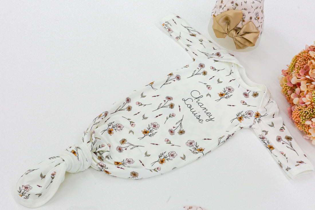 Baby Gift Set – Personalized Floral Newborn Gown, Swaddle & Birth Announcement Disk