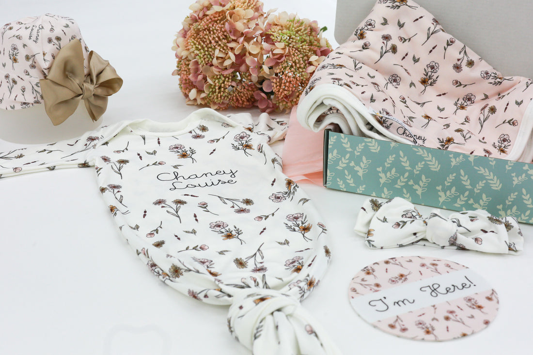 Baby Gift Set – Personalized Floral Newborn Gown, Swaddle & Birth Announcement Disk