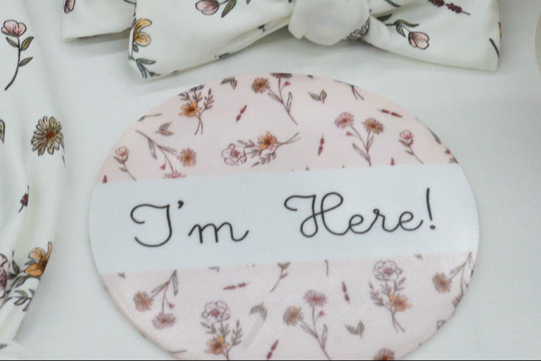Baby Gift Set – Personalized Floral Newborn Gown, Swaddle & Birth Announcement Disk