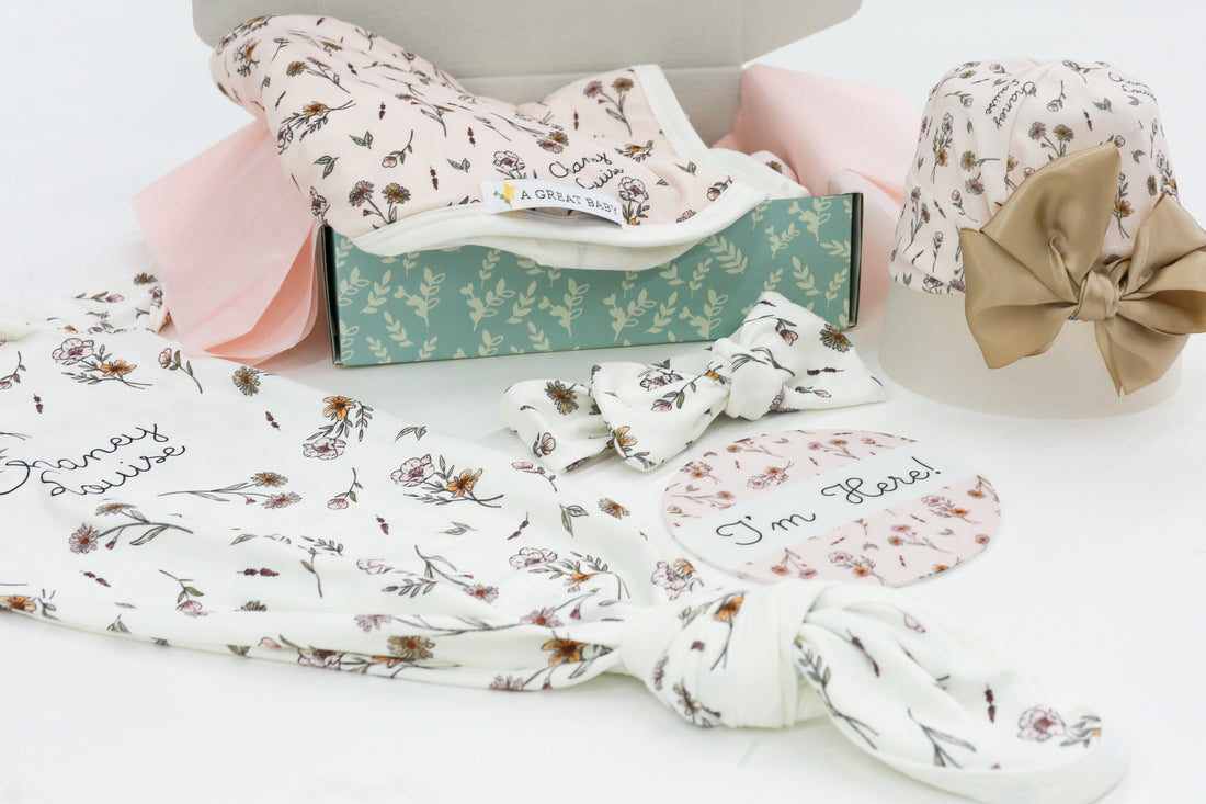 Baby Gift Set – Personalized Floral Newborn Gown, Swaddle & Birth Announcement Disk