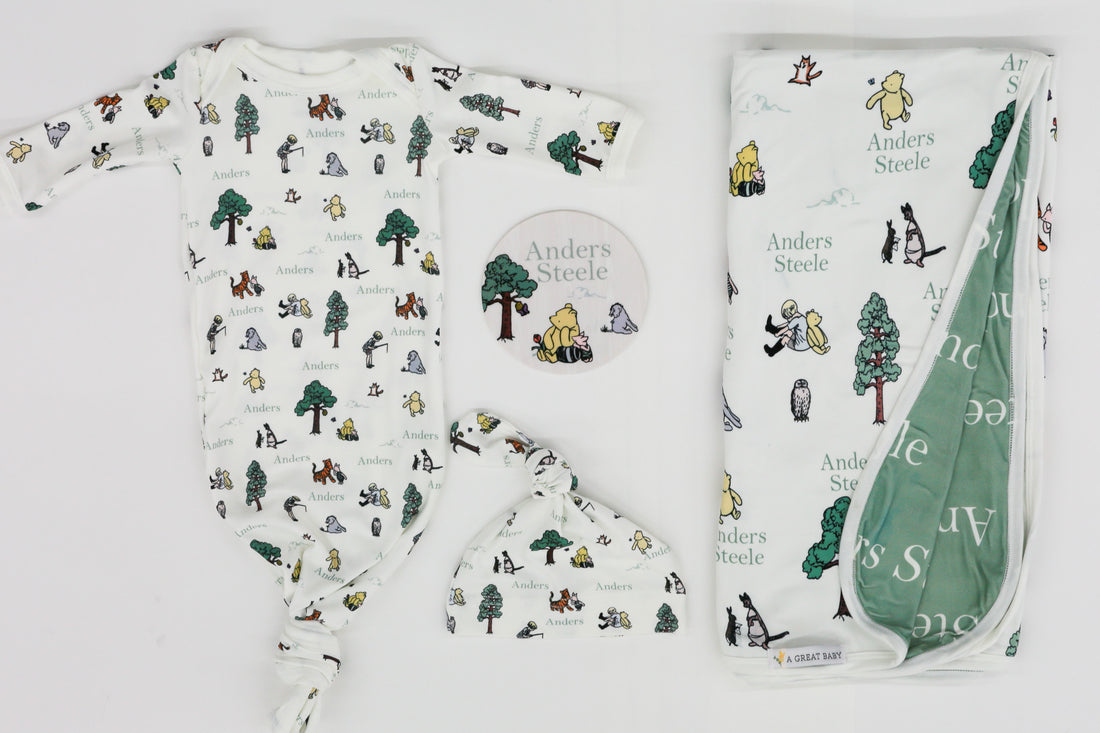 Winnie The Pooh Baby Set – Personalized Baby Take Home Set with Swaddle Blanket & Knit Hat
