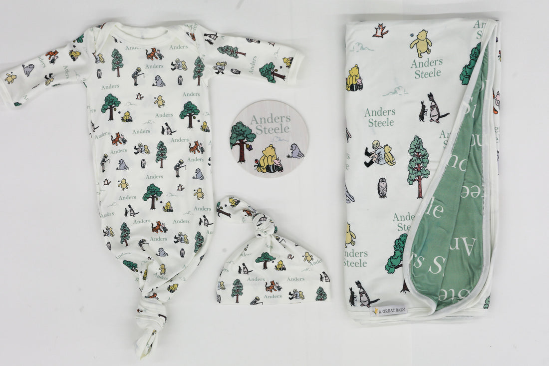 Winnie The Pooh Baby Set – Personalized Baby Take Home Set with Swaddle Blanket & Knit Hat