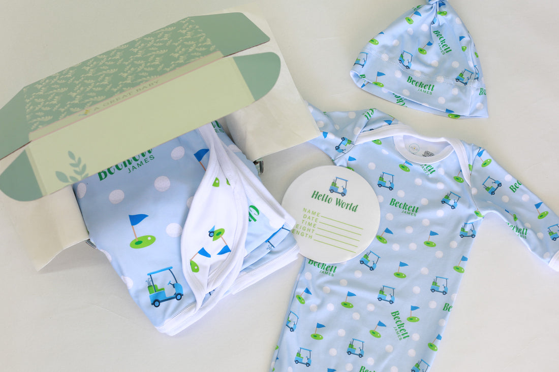 Baby Boy Golf Set | Machine Washable Gown, Soft Swaddle & Hospital Going Home Set for Newborns