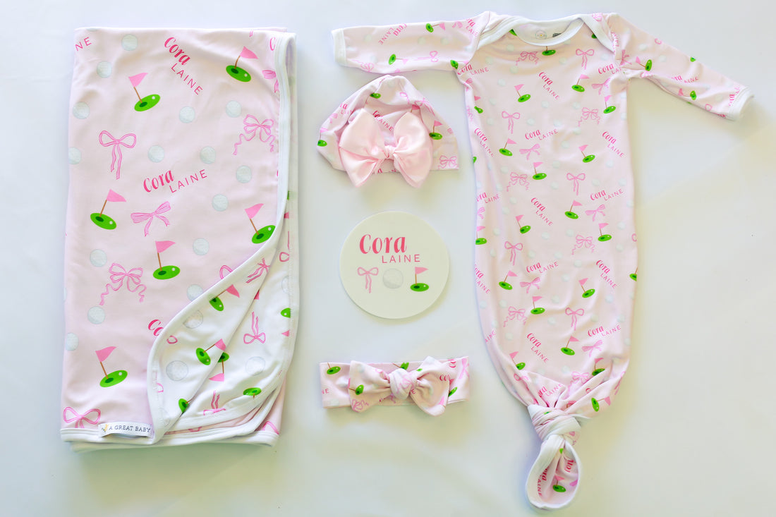 Baby Girl Golf Gift Set – Personalized Cozy Knotted Gown, Swaddle & Hat