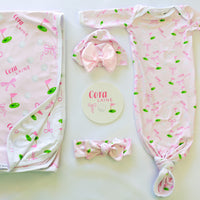 Baby Girl Golf Gift Set – Personalized Cozy Knotted Gown, Swaddle & Hat