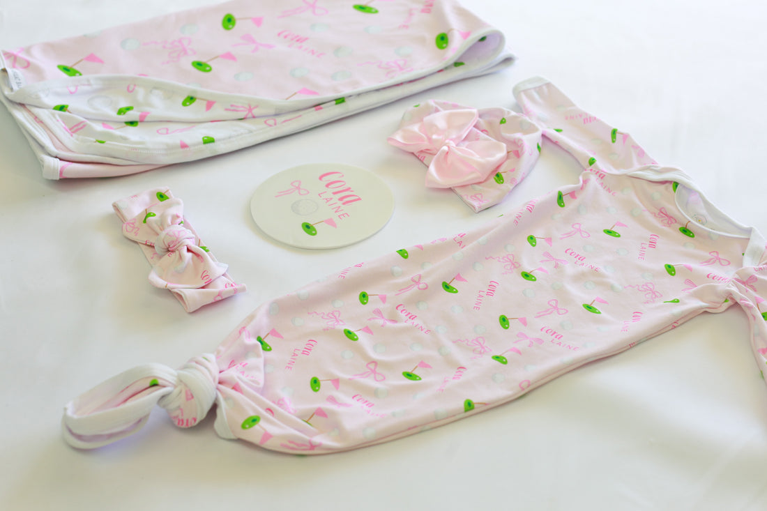Baby Girl Golf Gift Set – Personalized Cozy Knotted Gown, Swaddle & Hat