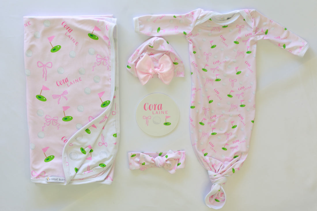 Baby Girl Golf Gift Set – Personalized Cozy Knotted Gown, Swaddle & Hat