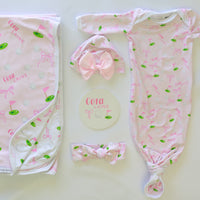 Baby Girl Golf Gift Set – Personalized Cozy Knotted Gown, Swaddle & Hat