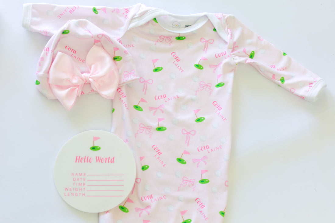 Baby Girl Golf Gift Set – Personalized Cozy Knotted Gown, Swaddle & Hat