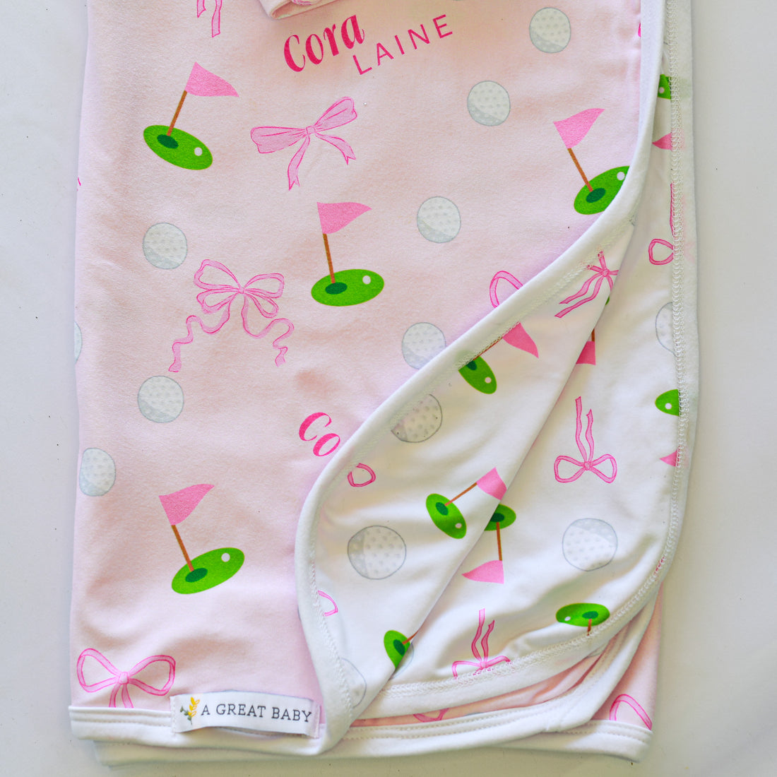 Baby Girl Golf Gift Set – Personalized Cozy Knotted Gown, Swaddle & Hat