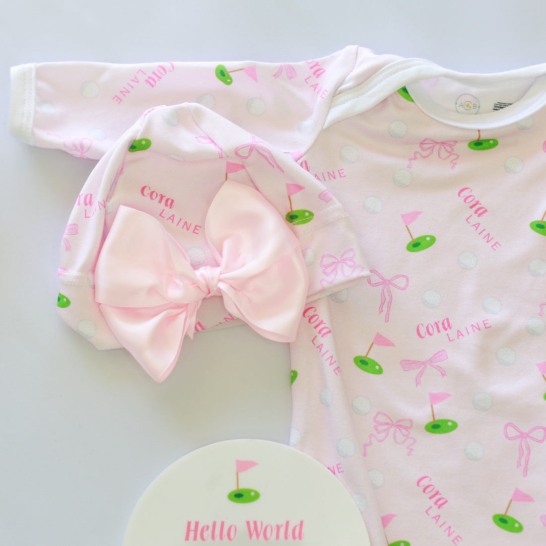 Baby Girl Golf Gift Set – Personalized Cozy Knotted Gown, Swaddle & Hat