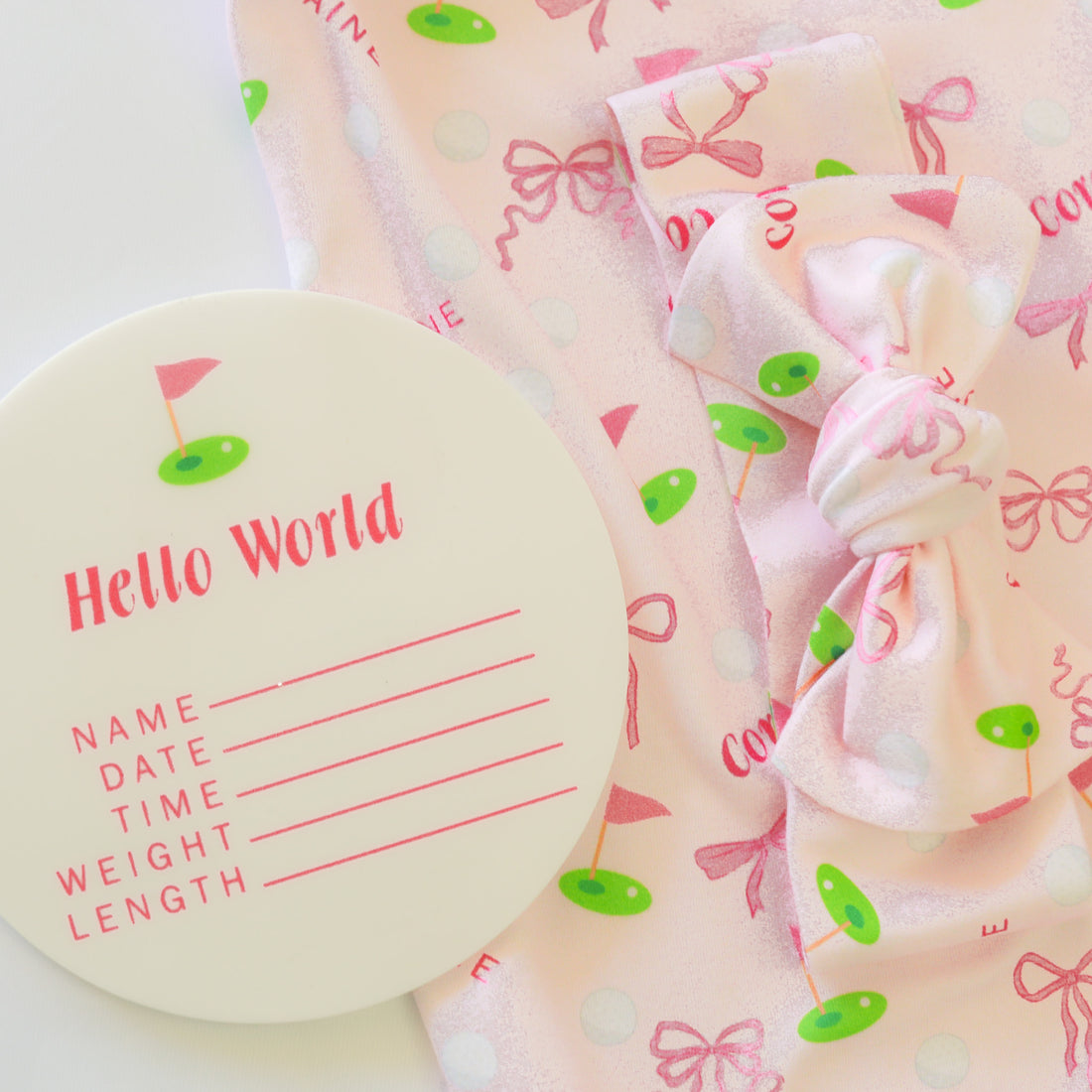Baby Girl Golf Gift Set – Personalized Cozy Knotted Gown, Swaddle & Hat