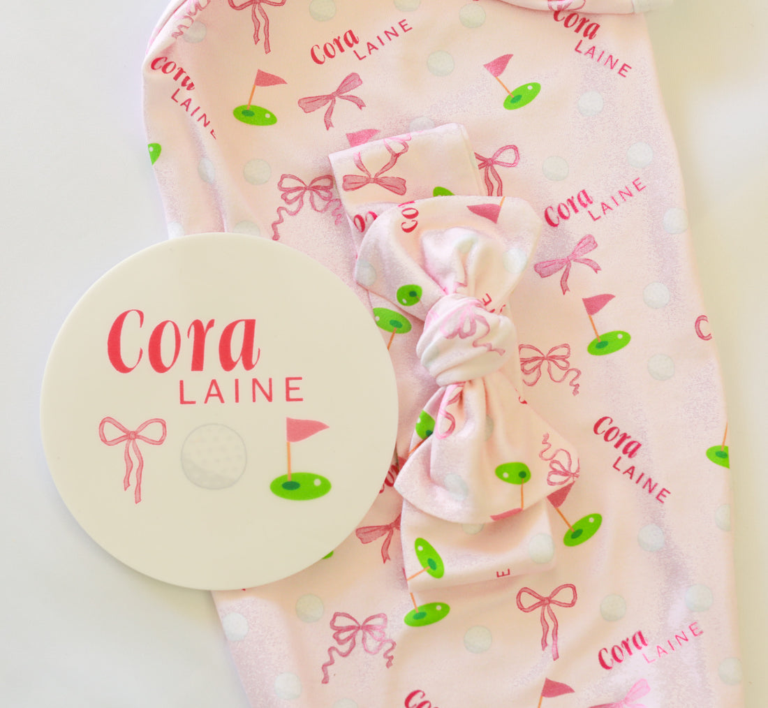 Baby Girl Golf Gift Set – Personalized Cozy Knotted Gown, Swaddle & Hat