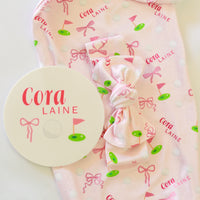 Baby Girl Golf Gift Set – Personalized Cozy Knotted Gown, Swaddle & Hat