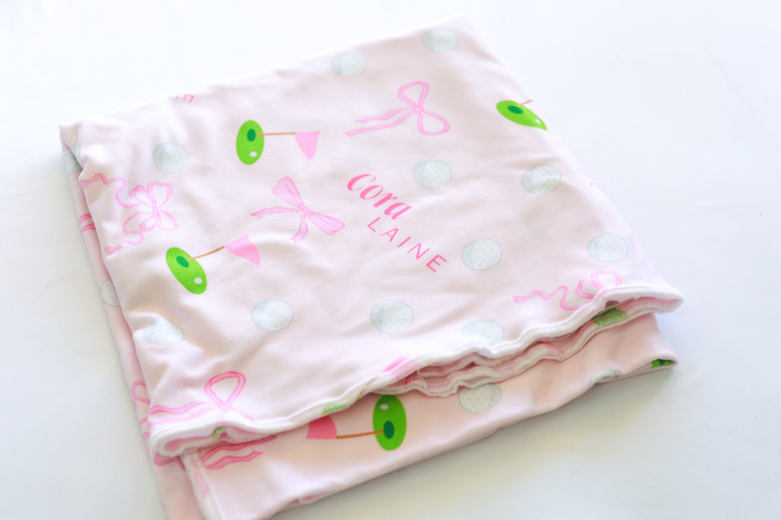 Baby Girl Golf Gift Set – Personalized Cozy Knotted Gown, Swaddle & Hat