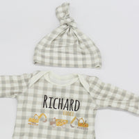 Personalized Baby Set – Little Diggers Take-Me-Home Outfit with Swaddle Blanket & Hat