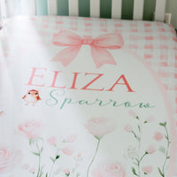Woodland Fairies Personalized Crib Sheet, Pink Ribbon Floral Baby Girl Nursery Bedding