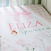 Woodland Fairies Personalized Crib Sheet, Pink Ribbon Floral Baby Girl Nursery Bedding