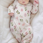 Abigail Floral Pink Floral With Sage Leaves Personalized Baby Gown