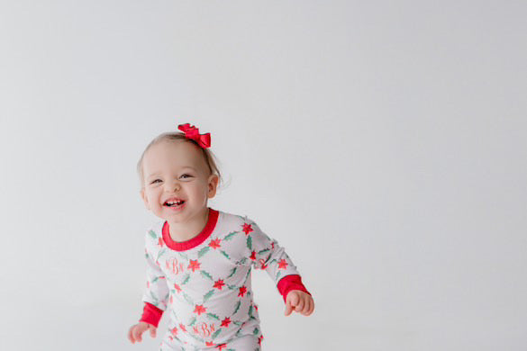 Personalized Christmas Pajamas - Girls Holiday Poinsettia Print Pajama Set