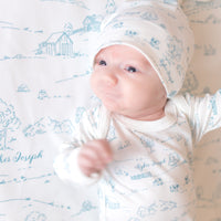 Farmhouse Toile Baby Gown - Personalized Tie Bottom Newborn Outfit Blue or Green Farm Boy Gift