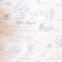 Farmhouse Toile Personalized Baby Boy Keepsake Blanket -Blue or Green Farm Nursery Gift