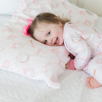 Personalized Minky Pillowcase – Soft Pink Baseball Bows, Custom Name, Cozy Kids Bedding