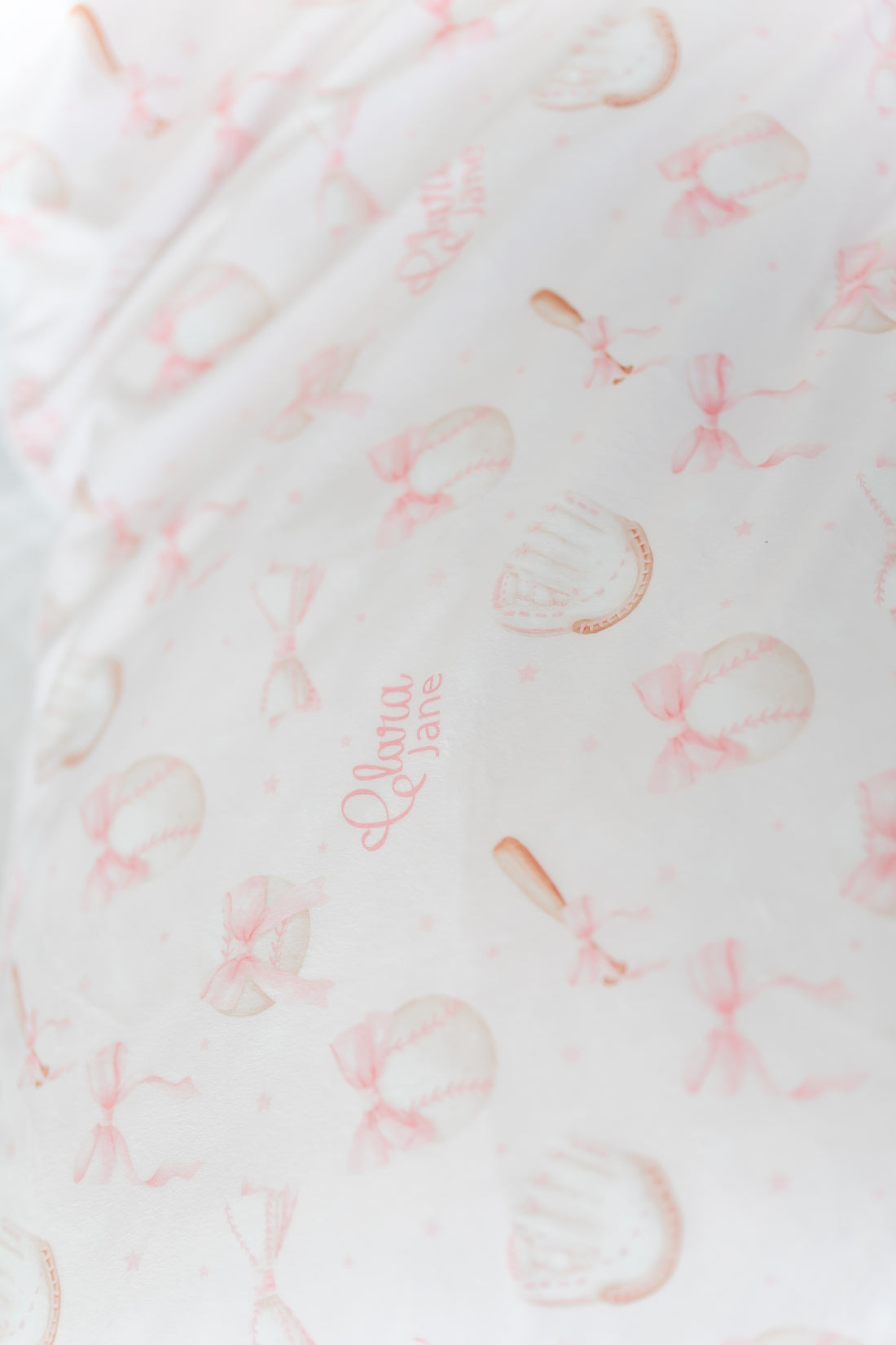 Personalized Minky Pillowcase – Soft Pink Baseball Bows, Custom Name, Cozy Kids Bedding
