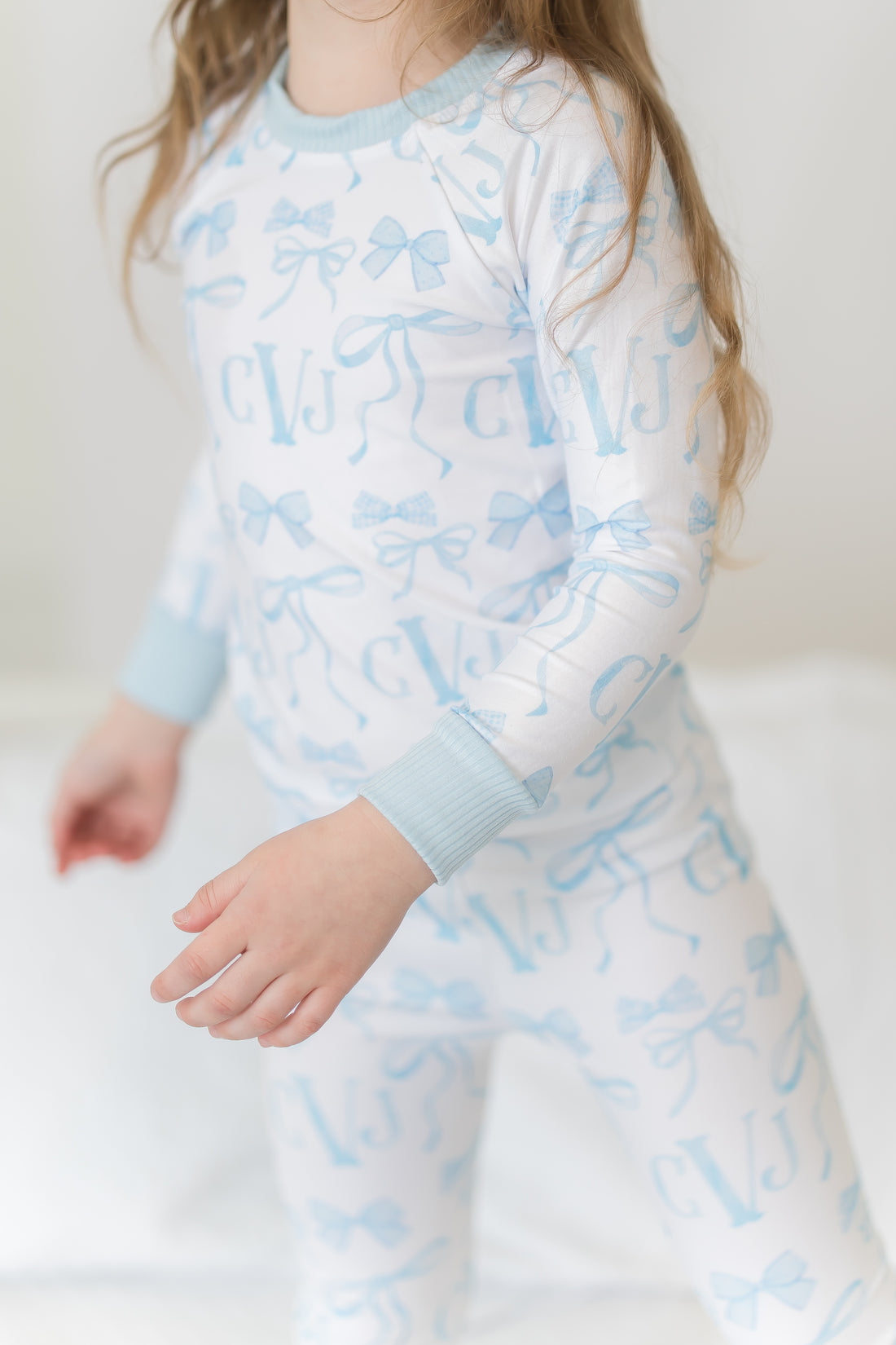 Monogrammed Blue Bows Pajamas for Girls, Soft & Cozy (3 months to kids 14)