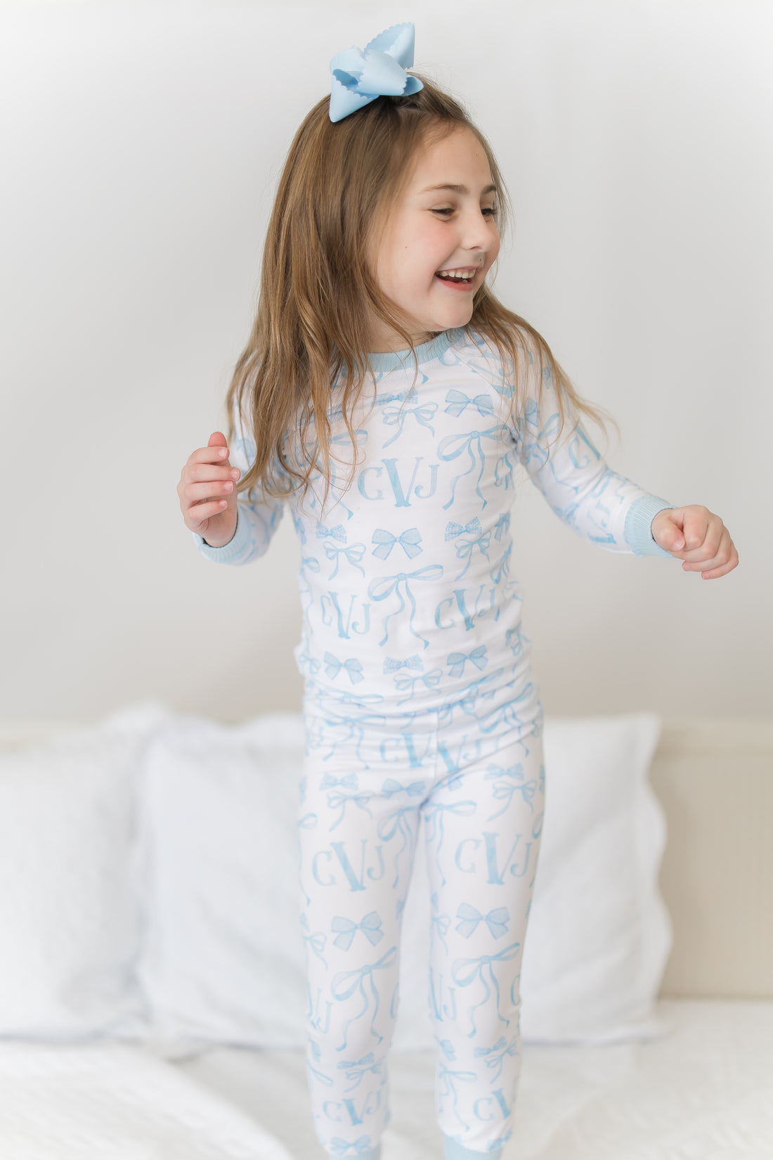 Monogrammed Blue Bows Pajamas for Girls, Soft & Cozy (3 months to kids 14)