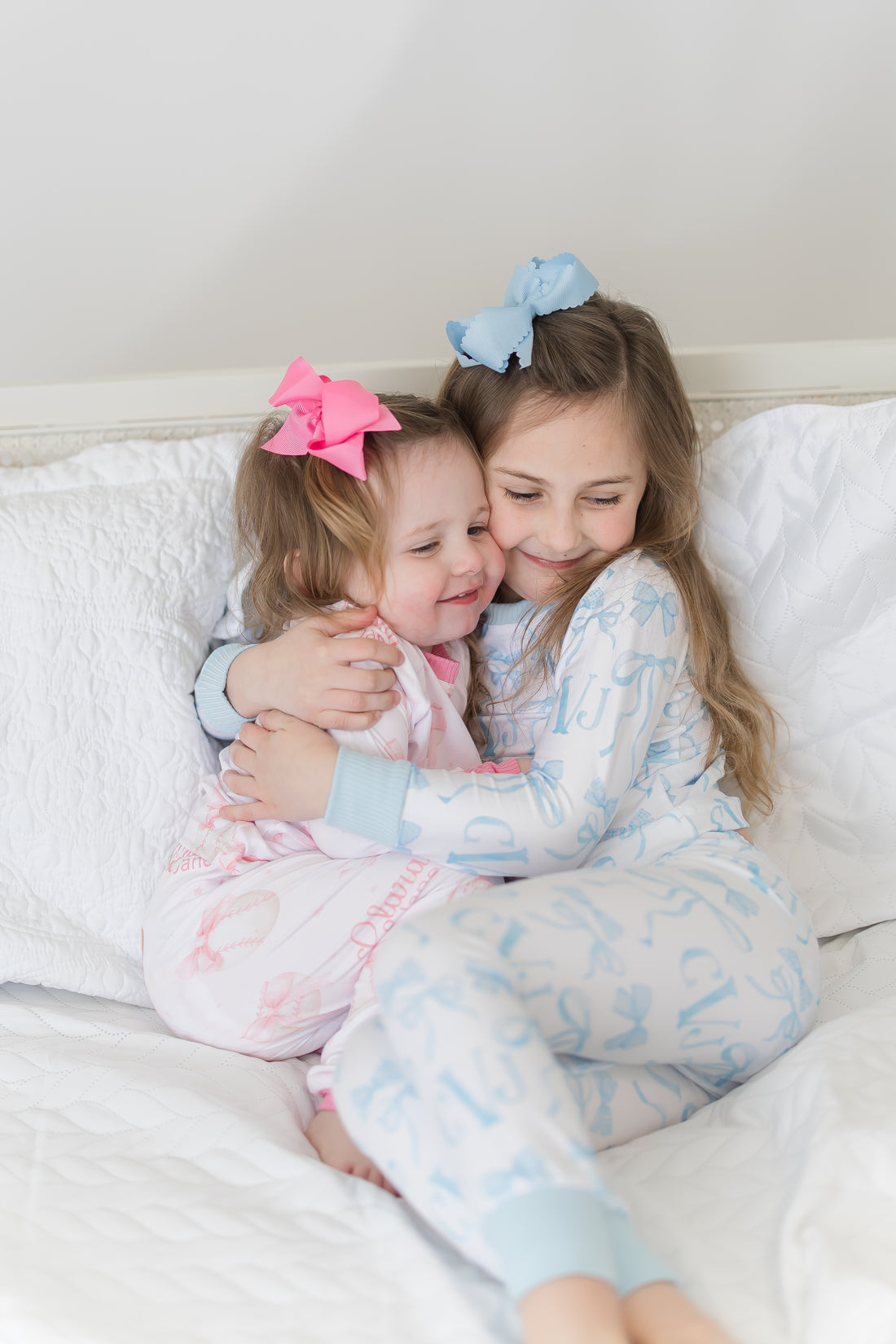 Monogrammed Blue Bows Pajamas for Girls, Soft & Cozy (3 months to kids 14)