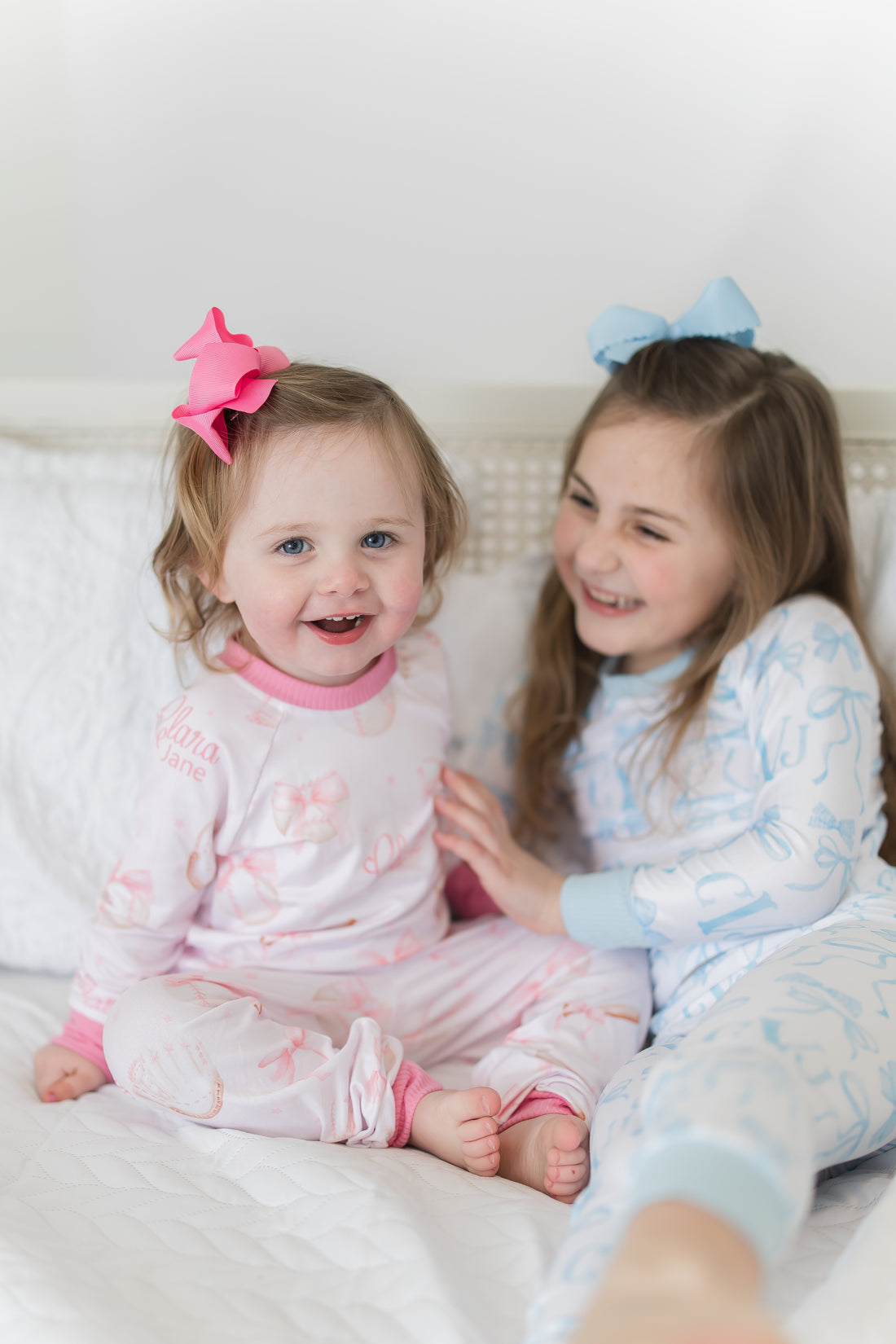 Monogrammed Blue Bows Pajamas for Girls, Soft & Cozy (3 months to kids 14)